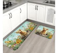 Floral Highland Cow Kitchen Mats for Floor, Vintage Botanical Soft Mats, Spring Cushioned Comfort Washable Non Slip Decor Rugs for Kitchen Sinks Laundryroom Bathroom 2pcs