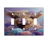 Floral Highland Cow Light Switch Cover Plates/Outlet Covers, Pastel Colorful Flowers for Home Decor, Thermoplastic Wall Plates, Standard Size Triple Toggle
