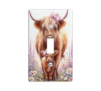 Floral Highland Cow Light Switch Cover Plates/Outlet Covers, Pastel Peach Spring Flowers for Kids Room Decor, Thermoplastic Wall Plates, Standard Size Single Toggle