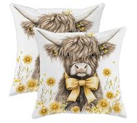 Floral Highland Cow Pillow Covers Set of 2, Yellow Farmhouse Aesthetic Throw Pillow Cases, Spring Decorative Cushion Covers for Home Sofa Bed Couch Decor 16x16 Inch