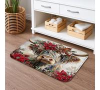 Floral Highland Cow Quick Dry Bath Mat, Vintage Christmas Red Flowers Absorbent Non Slip Shower Mat, Holiday Decorative Washable Bath Rugs for Bathroom Toilet Restroom 16x24 Inch