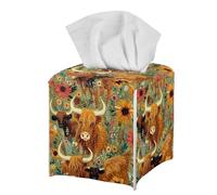Floral Highland Cow Tissue Box Holder Square PU Leather Tissue Cube Box Organizer for Home Bathroom Living Room Decorative Waterproof Green Tissue Box Cover