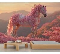 Floral Horse Mural Pink Floral Equine Mural Fantasy Cherry Blossom Horse Wall Murals Mountain Sunset Wallpaper for Living Room Bedroom 400 x 280 cm