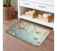Floral Hummingbird Quick Dry Bath Mat, Vintage Peach Blossom Absorbent Non Slip Shower Mat, Spring Decorative Flannel Washable Bath Rugs for Bathroom Toilet Restroom 16x24 Inch