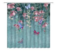 Floral Hummingbird Shower Curtain Vintage Teal Watercolor Floral Vines Leaves Colorful Butterfly Birds Botanical Rustic Spring Plant Fabric Bathroom Decor with 12 Hooks，71x71 Inch，Turquoise Pink