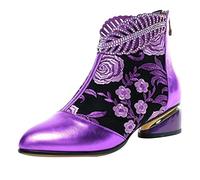 Floral Jacquard Embroidered Ankle Boots for Women's Rhinestone Trim Back Zip Low Block Heel Booties Vintage Metallic Pointed Toe Dress Shoes for Party Wedding Evening Occasion Wear Purple