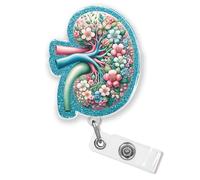 Floral Kidney Badge Reel 2 Inches Badge Holder with Retractable Clip Medical Nurse Doctor Nephrologist Urologist Anatomy Acrylic Material ID Name Badge Clip Accessories for HR Nurse Office Workers