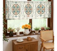 Floral Kitchen Curtains, Bohemian Contemporary Mandala Leaves Spring Turquoise Single Panel Valance for Window for Kitchen Window Curtains Over Sink 18x52 Inch