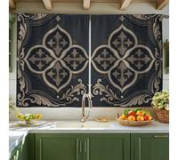 Floral Kitchen Curtains, Traditional Classic Ornate Geometric None Navy Short Curtains for Windows Window Decoration for Sink Area Dining Room Bathroom 42x45 Inch