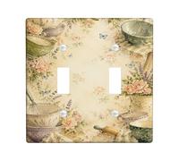Floral Kitchen Double Light Switch Cover Plate, Vintage Rustic Bowls Butterflies Spring Pastel Green Plastic Standard Size Toggle Light Switch Cover for Home Living Room New Apartment Decor