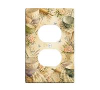 Floral Kitchen Duplex Outlet Covers Wall Plate, Vintage Rustic Bowls Butterflies Spring Pastel Green Plastic Standard Size Double Power Outlet Cover Plate for Bedroom Bathroom Home Entrance Decor