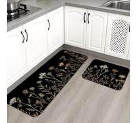 Floral Kitchen Mats for Floor, Black and Gold Flower Vintage Soft Mats, Cushioned Comfort Washable Non Slip Decor Rugs for Kitchen Sinks Laundryroom Bathroom 2PCS