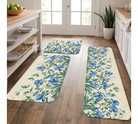 Floral Kitchen Mats for Floor, Blue Flowers Vintage Botanical Soft Mats, Cushioned Comfort Washable Non Slip Decor Rugs for Kitchen Sinks Laundryroom Bathroom 3Pcs