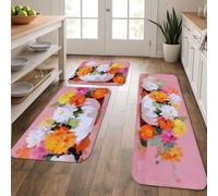 Floral Kitchen Mats for Floor, Colorful Flower Bouquet Soft Mats, Cushioned Comfort Washable Non Slip Decor Rugs for Kitchen Sinks Laundryroom Bathroom 3Pcs