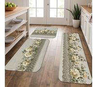 Floral Kitchen Mats for Floor, Cream Roses Vintage Embroidery Soft Mats, Cushioned Comfort Washable Non Slip Rugs for Kitchen Sinks Laundryroom Bathroom 3Pcs