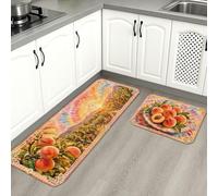 Floral Kitchen Mats for Floor, Peach Blossom Vintage Soft Mats, Spring Cushioned Comfort Washable Decor Rugs for Kitchen Sinks Laundryroom Bathroom 2pcs