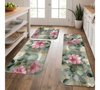 Floral Kitchen Mats for Floor, Peach Water Lily Botanical Soft Mats, Cushioned Comfort Washable Non Slip Decor Rugs for Kitchen Sinks Laundry Room Bathroom 3Pcs