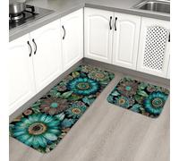 Floral Kitchen Mats for Floor, Turquoise Sunflower Vintage Soft Mats, Cushioned Comfort Washable Non Slip Decor Rugs for Kitchen Sinks Laundryroom Bathroom 2PCS