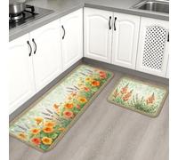Floral Kitchen Mats for Floor, Vintage Botanical Design Soft Mats, Summer Cushioned Comfort Washable Decor Rugs for Kitchen Sinks Laundryroom Bathroom 2pcs