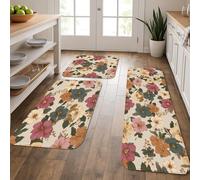 Floral Kitchen Mats for Floor, Vintage Botanical Soft Mats, Cushioned Comfort Washable Non Slip Rugs for Kitchen Sinks Laundry Room Bathroom 3Pcs