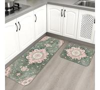Floral Kitchen Mats for Floor, Vintage Green Blossom Soft Mats, Cushioned Comfort Washable Non Slip Decor Rugs for Kitchen Sinks Laundryroom Bathroom 2PCS