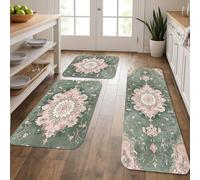 Floral Kitchen Mats for Floor, Vintage Green Blossom Soft Mats, Cushioned Comfort Washable Non Slip Decor Rugs for Kitchen Sinks Laundryroom Bathroom 3Pcs