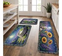 Floral Kitchen Mats for Floor, Vintage Sunflower Design Soft Mats, Spring Cushioned Comfort Washable Decor Rugs for Kitchen Sinks Laundryroom Bathroom 3pcs