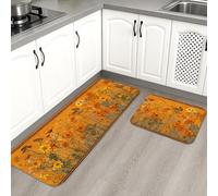 Floral Kitchen Mats for Floor, Vintage Yellow Flower Soft Mats, Cushioned Comfort Washable Non Slip Decor Rugs for Kitchen Sinks Laundry Room Bathroom 2PCS