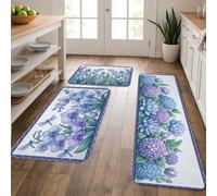 Floral Kitchen Mats for Floor, Violet Orchid and Hydrangea Design, Spring Cushioned Comfort Washable Decor Rugs for Kitchen Sinks Laundryroom Bathroom 3pcs