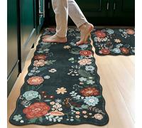 Floral Kitchen Rug Set, 2-Piece Non-Slip Washable Kitchen Mats, Soft Stain resistance Kitchen Runner Rugs, Dark Green Kitchen Floor Mats for Sink, Stove, Laundry Room, and Farmhouse Kitchen Decor