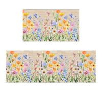 Floral Kitchen Rugs Sets of 2 Non Slip Spring Summer Flower Farmhouse Kitchen Runner Rug with Rubber Backing Washable Wildflower Leaf Kitchen Mats for Floor Carpet 17"x47"+17"x30" for Hallway Laundry