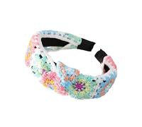 Floral Knitted Headband For Women Stretch Turban Crocheted Granny-square Ethnic Tie Head Wrap