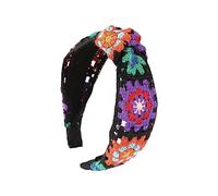 Floral Knitted Headband For Women Stretch Turban Crocheted Granny-square Ethnic Tie Head Wrap