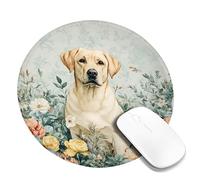 Floral Labrador Dog Mouse Pad, Pastel Flower Design Stitched Edge Mousepad, Rubber Non-Slip Washable Gaming Mouse Pad for Home and Office Computer, Laptop Round