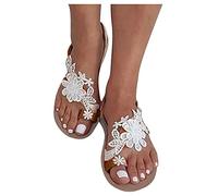 Floral Lace Appliqué Flat Sandals for Women,Boho Chic Toe-Loop Summer Sandals,Comfortable Bohemian Wedding Beach Shoes with Intricate White Floral Design Beach Vacation Shoes (White, 6.5)