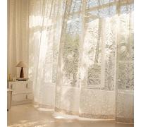 Floral Lace Privacy Curtains with Beige Jacquard Botanical Leaf, 102'' Drop | Jacquard Flower Net Curtains, Romantic Privacy Sheer Drapes, Slot Top Rod Pocket Light Filtering For Living Room Bedroom Café