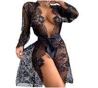 Floral Lace Robe with G-String Women Sexy Lingerie Set Sale Clearance Ladies Transparent Kimono Chemise Dressing Gown See Through Nightwear Lace V Neck Nightdress Sleepwear Black