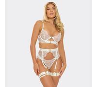 Floral Lace Scallop Detail Lingerie 3 Piece Set In White, Women's Size UK Extra Small XS