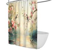 Floral Landscape Art Shower Curtain Birds Blossom Trees Lake Scene Shower Curtain Chinese Style Bathtub Curtains for Bathroom Decoration Quick Dry 120 x 200 cm