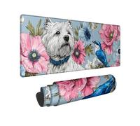 Floral Large Gaming Mouse Pad, Blue Flower Design with West Highland White Terrier and Bird, Rubber Non-Slip Washable Mousepad for Home and Office Use 12x32 Inch