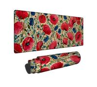 Floral Large Gaming Mouse Pad, Red Peach Poppy Flowers Stitched Edge Mousepad, Rubber Non-Slip Washable Gaming Mouse Pad for Home and Office Computer, Laptop 12x32 Inch