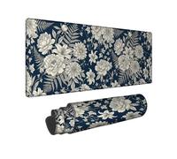 Floral Large Mouse Pad, Vintage Elegant Lilies Peony None Navy Rubber Non Slip Keyboard and Mouse Mat Idea for Home Office Desk Laptop Gamers Gift 12x32 Inch