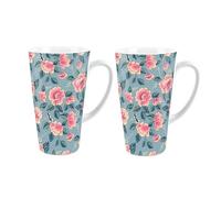 Floral Latte Mugs Set - Pink Flowers & Leaves Tall Latte Mugs Set of 2 - Ceramic Coffee Gift/Present