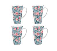 Floral Latte Mugs Set - Pink Flowers & Leaves Tall Latte Mugs Set of 4 - Ceramic Coffee Gift/Present