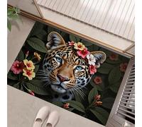 Floral Leaf Patterns Leopard Motif Washable Entryway Rug - Yellow Soft Jungle Vegetation Bathroom Rug Non-Slip Front Door Mat Indoor Entrance Thin 60 X 90 Cm Accent Throw Rugs For Kitchen Bedside