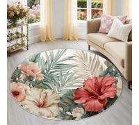 Floral Leaf Round Area Rug 180 cm, Beige Glam Vintage Plant Washable Non-Shedding Circle Floor Mat, Non-Slip Play Mat for Kids Room Nursery Playroom