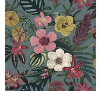 Floral Leaf Teal Wallpaper - Pink Yellow Naturistic Flowers Botanical Leaves - Feature Wall Modern Contemporary