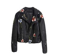 Floral Leather Jacket,Classic Biker Jacket,Women's Floral Embroidered Faux Leather Moto Jacket Coat Slim Fitted Zip Up Biker Short Jacket Outwear (Black, M)