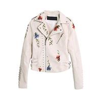 Floral Leather Jacket,Classic Biker Jacket,Women's Floral Embroidered Faux Leather Moto Jacket Coat Slim Fitted Zip Up Biker Short Jacket Outwear (White, XXL)