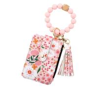 Floral Leather Keychain Wallet for Women, Mini 4-Card Slot Card Holder with Zip Coin Pocket & Detachable Key Ring, Slim Fresh-Flower Purse, Gift for Mom, Teen Girl, Stocking Stuffer (A)